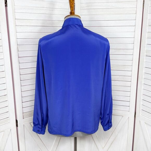 Vintage 80s Design Elements Pleated Removable Neck Bow Blouse Blue 10 - Picture 4 of 13